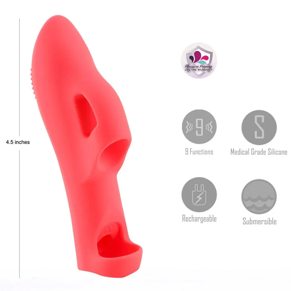 Maia Lana finger vibrator in Red, marked 4.5 inches with icons for 9 functions