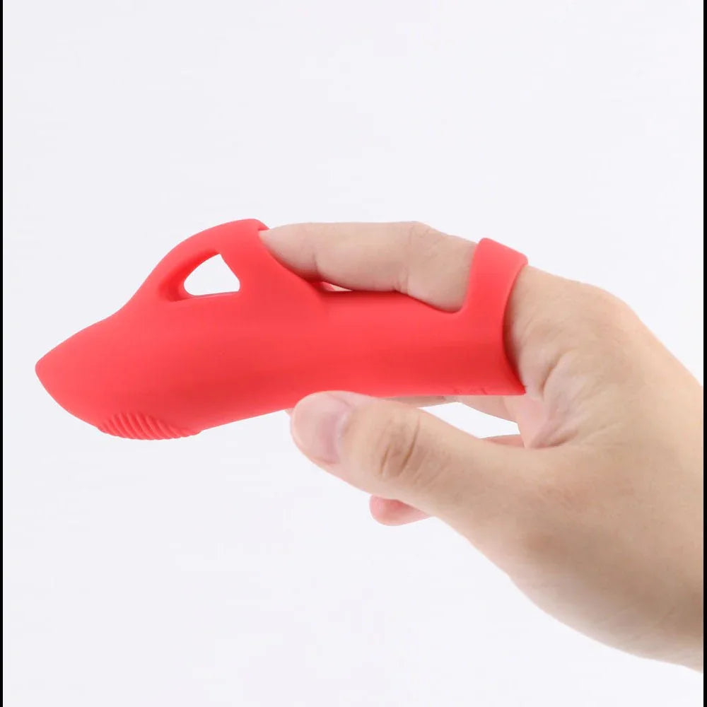 Maia Lana finger vibrator in Red worn over two fingers of a hand