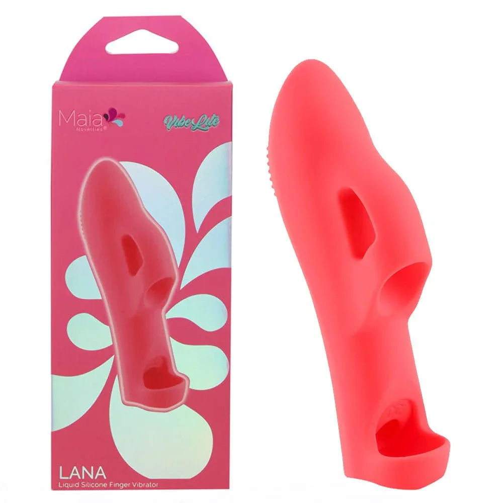 Maia Lana finger vibrator in Red, ridged silicone sleeve beside its pink Maia box