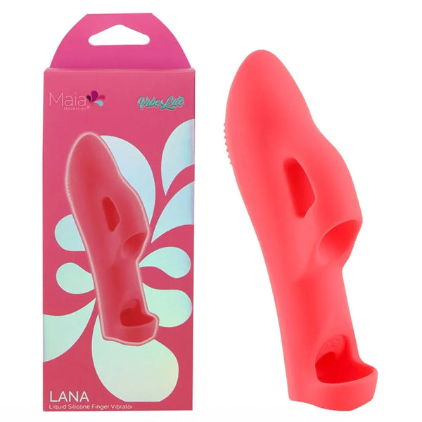 Maia Lana finger vibrator in Red, ridged silicone sleeve beside its pink Maia box