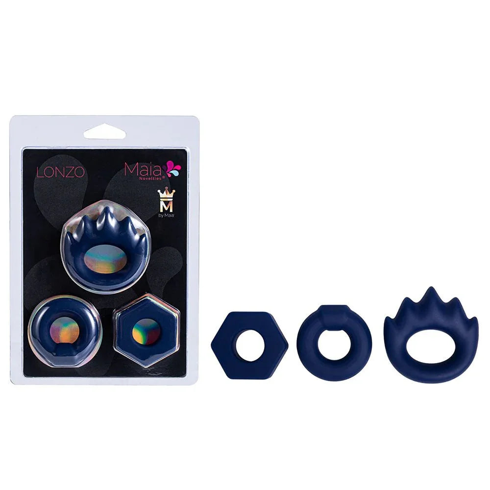 Maia Lonzo cock rings in Blue, three navy silicone rings beside the Lonzo blister pack