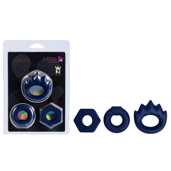 Maia Lonzo cock rings in Blue, three navy silicone rings beside the Lonzo blister pack