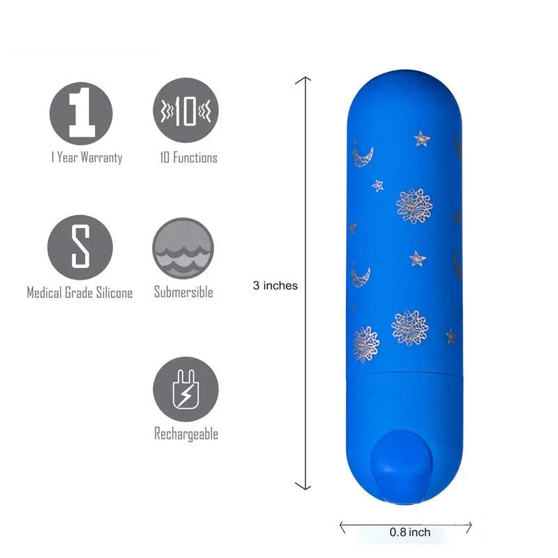 Maia Luna bullet in Blue with a star print, sized 3 by 0.8 inches with feature icons
