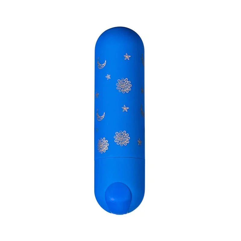 Maia Luna bullet in Blue printed with silver stars and snowflakes, upright on white