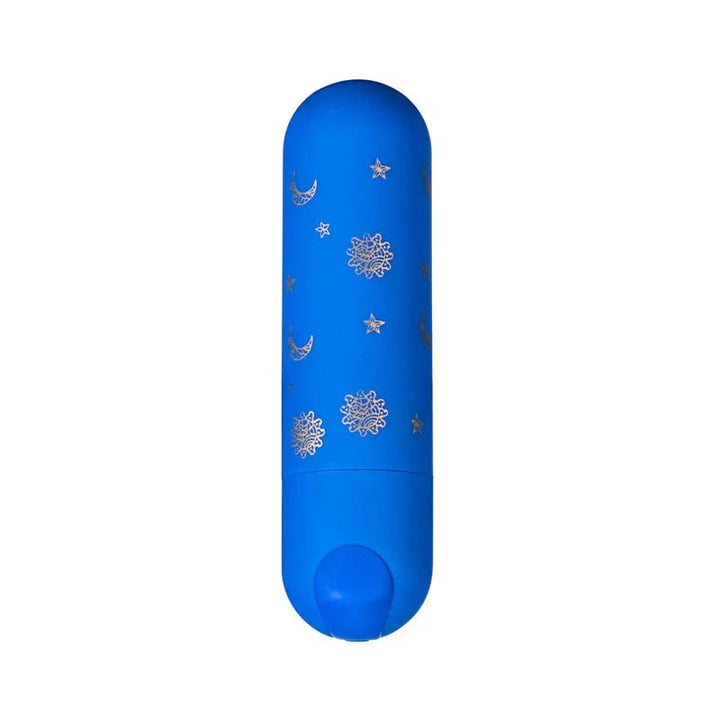Maia Luna bullet in Blue printed with silver stars and snowflakes, upright on white
