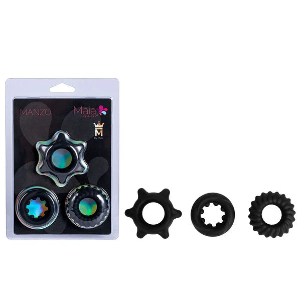 Maia Manzo cock rings in Black, three textured rings beside the Manzo blister pack