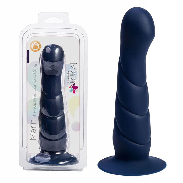 Maia Marin bendable suction cup dildo in navy Blue, spiral shaft beside its Maia pack