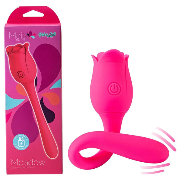 Maia Meadow wrap-around vibrator in Pink with a rose-shaped head, beside its Maia box