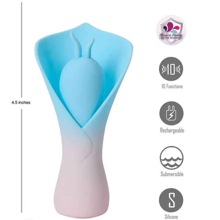 Maia Mina stimulator in Blue, marked 4.5 inches with icons for 10 functions