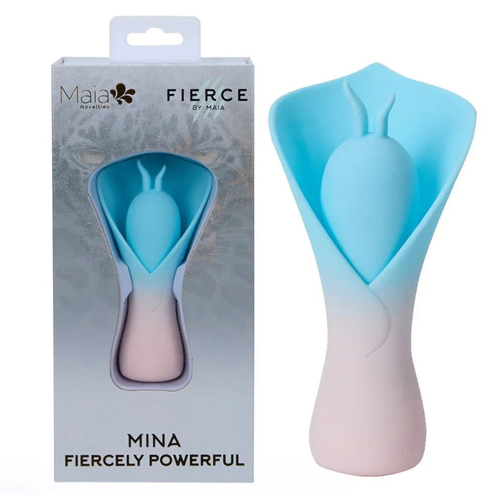 Maia Mina fluttering flower stimulator in Blue to pink gradient, beside its Fierce box