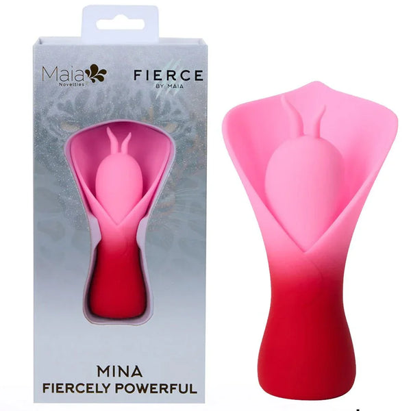 Maia Mina fluttering flower stimulator in Red to pink gradient, beside its Fierce box