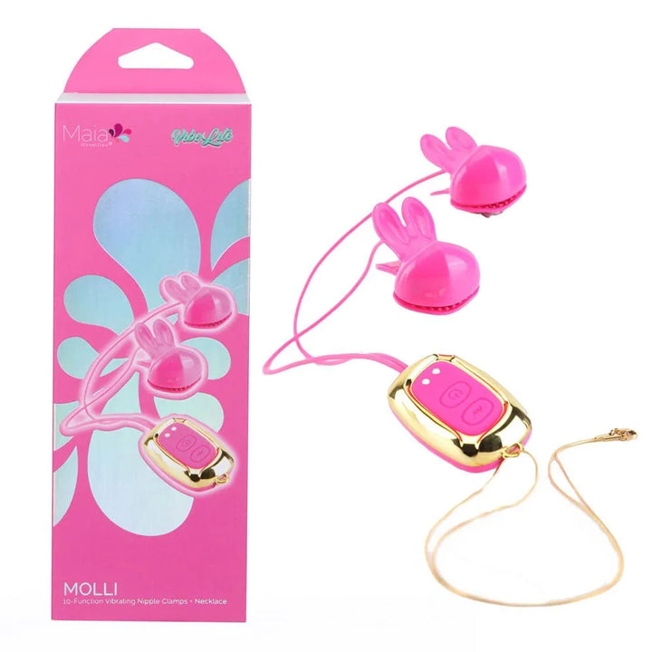 Maia MOLLI - Pink - Pink USB Rechargeable Vibrating Nipple Clamps & Necklace – Sex toys NZ by Naughtyhut. Discreet delivery nationwide.