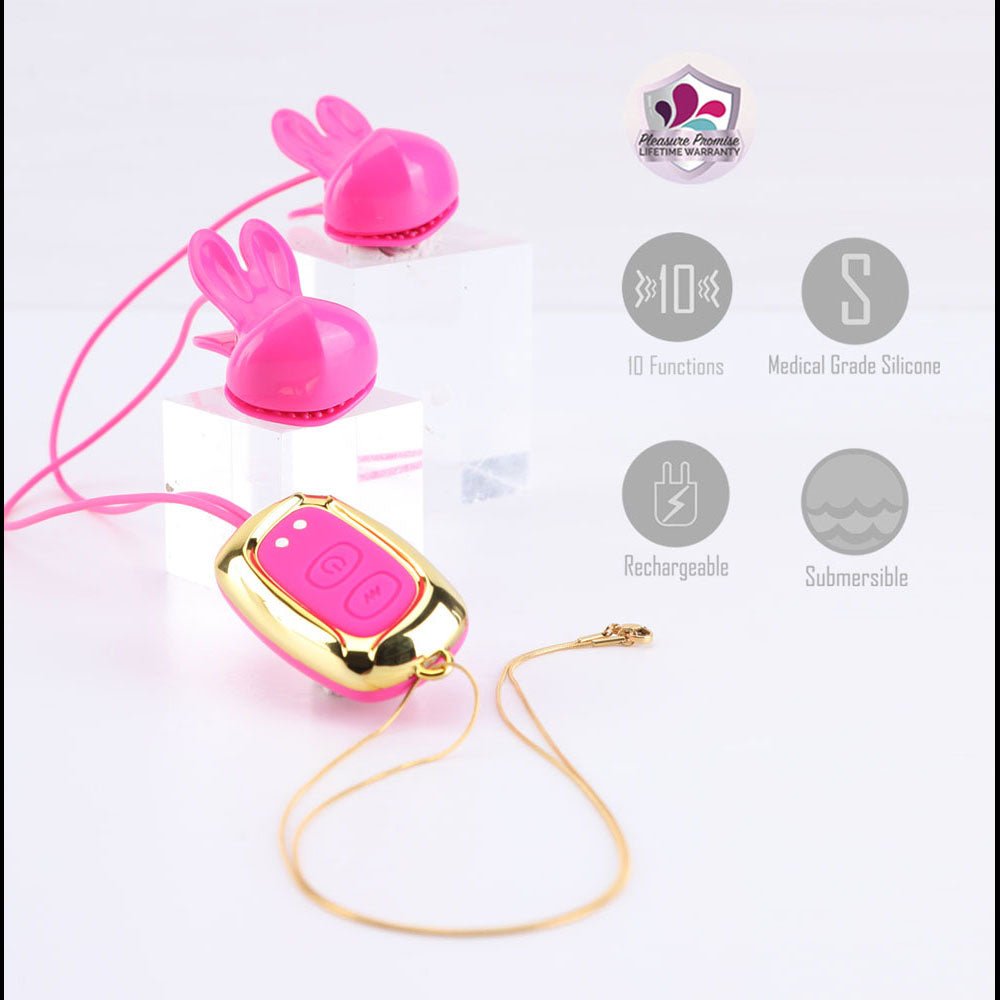 Buy Maia MOLLI - Pink - Pink USB Rechargeable Vibrating Nipple Clamps & Necklace – Naughtyhut NZ sex toys online. Discreet delivery & top brands.