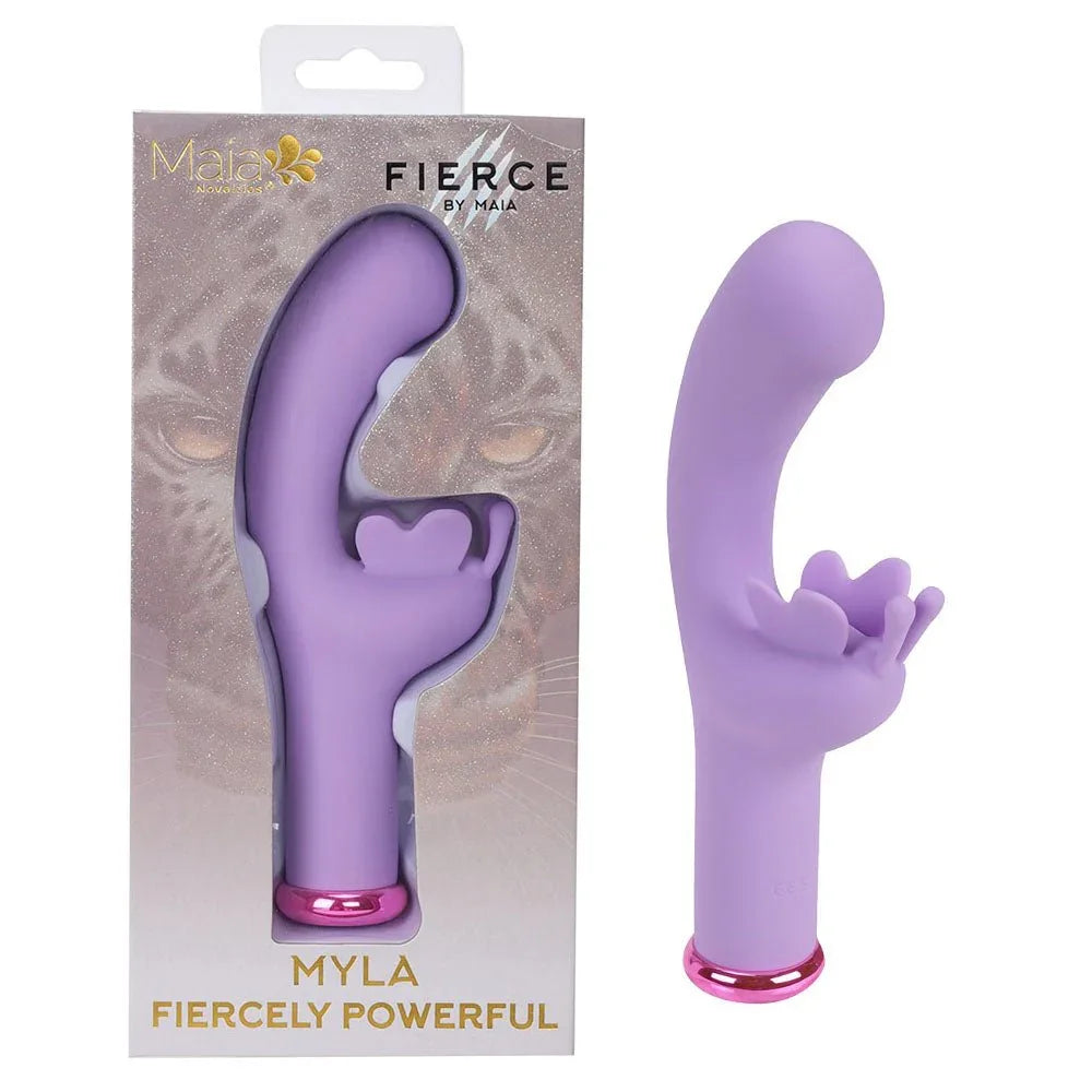 Maia Myla wearable butterfly vibrator in Lavender, beside its Fierce by Maia box