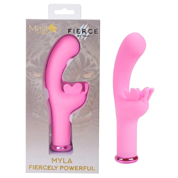 Maia Myla wearable butterfly vibrator in Pink, beside its Fierce by Maia box