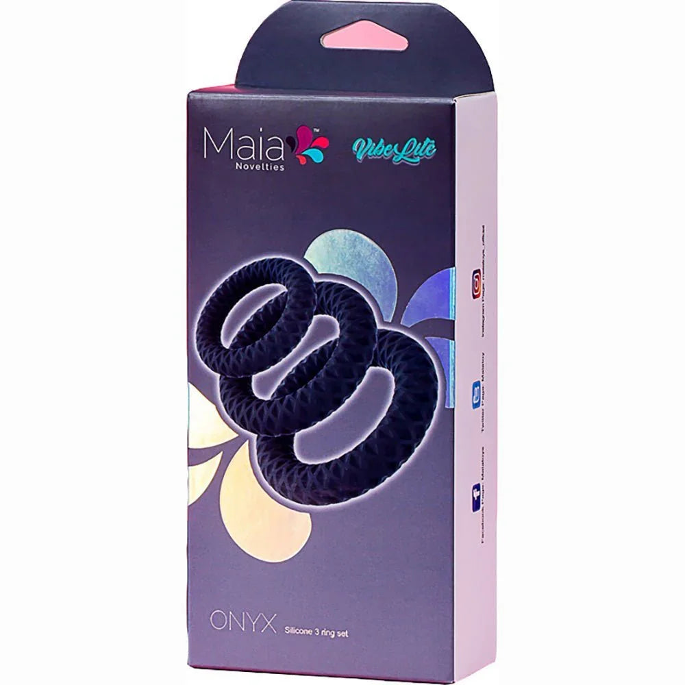 Maia Onyx retail box in purple, the three grey rings pictured on the front