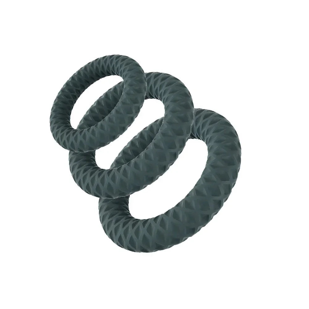 Maia Onyx cock rings in Grey, all three textured rings overlapping on white
