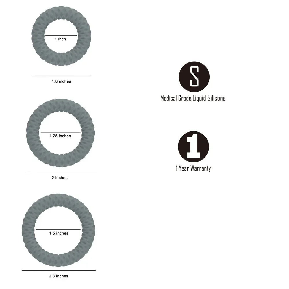 Maia Onyx rings in Grey, diagram giving the 1, 1.25 and 1.5 inch inner sizes