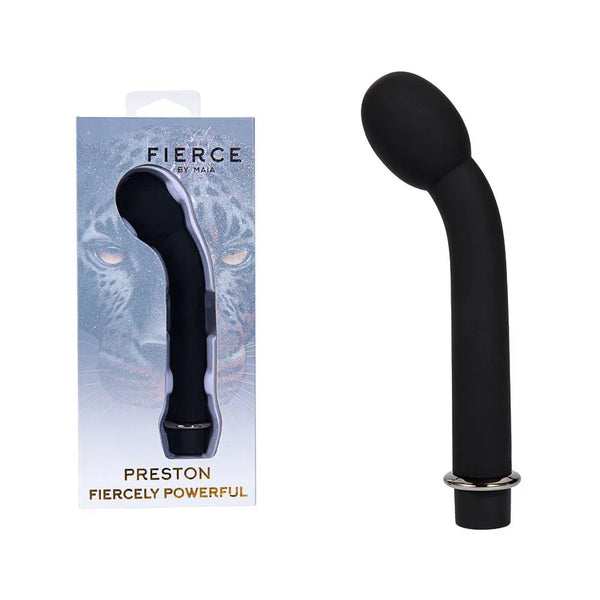 Maia Preston G-spot and P-spot vibrator in Black, beside its Fierce by Maia box