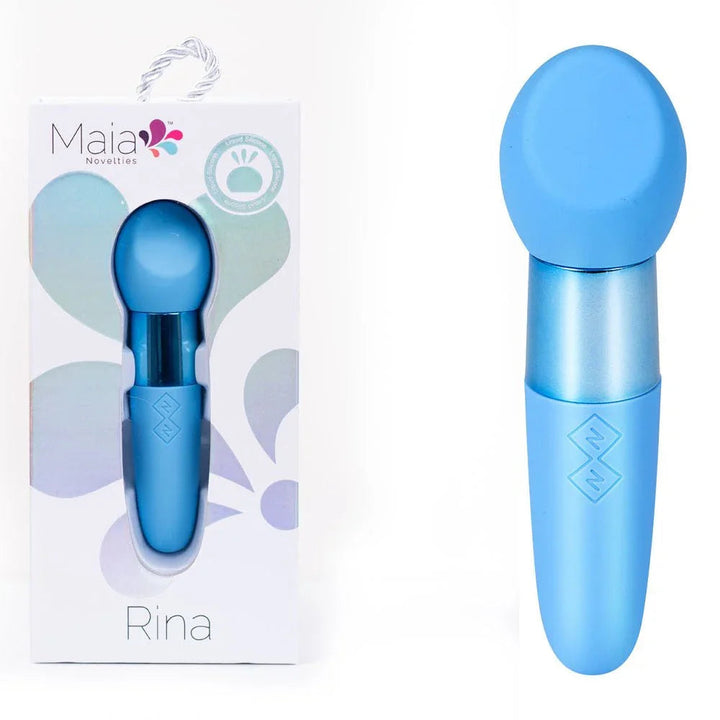 Maia Rina dual-motor bullet vibrator in Blue, round head, beside its Maia box