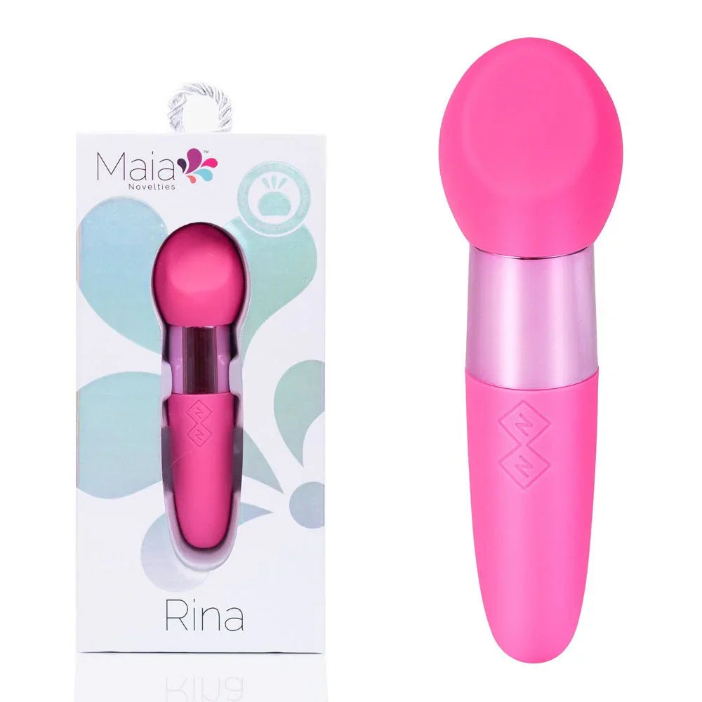 Maia Rina dual-motor bullet vibrator in Pink, round head, beside its Maia box