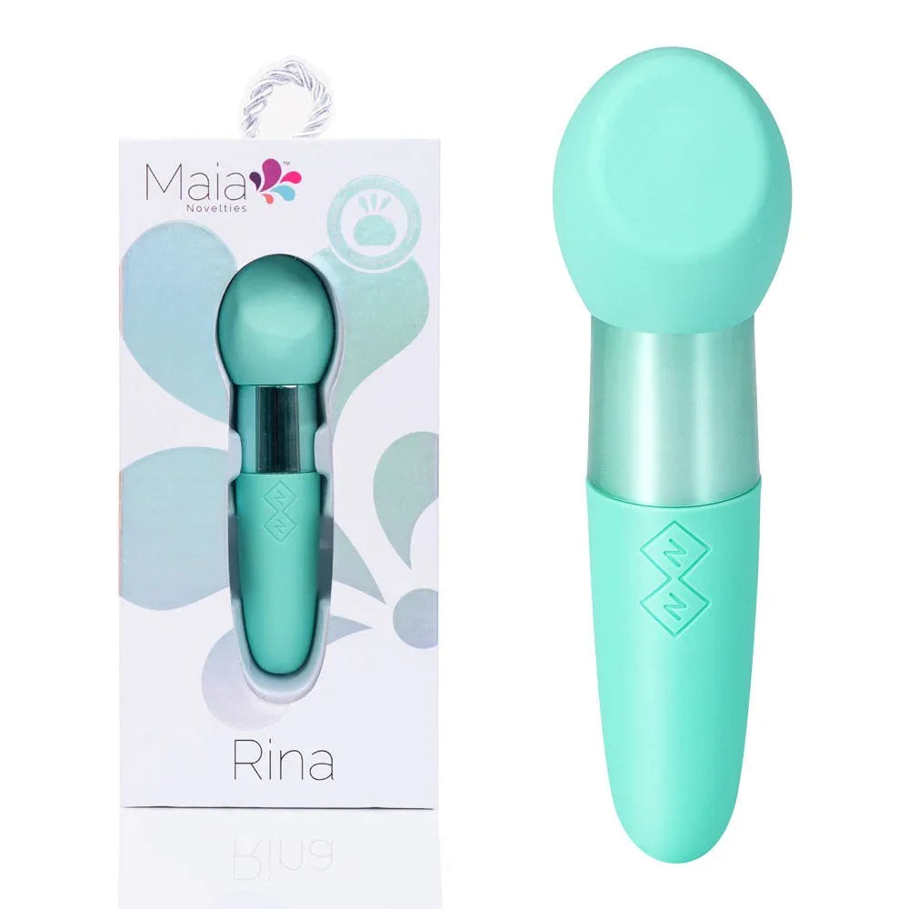 Maia Rina dual-motor bullet vibrator in Teal, round head, beside its Maia box