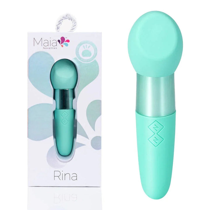 Maia Rina dual-motor bullet vibrator in Teal, round head, beside its Maia box
