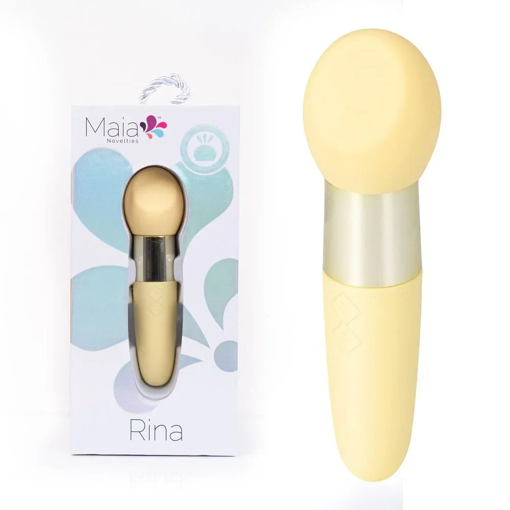 Maia Rina dual-motor bullet vibrator in Yellow, round head, beside its Maia box