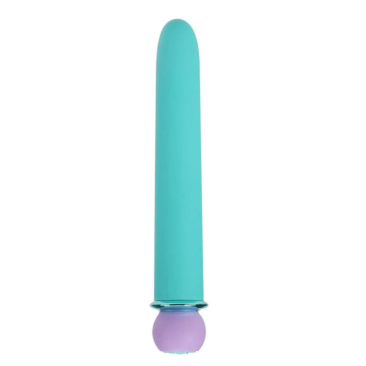 Maia Rori XL bullet in turquoise, upright alone on white with its lilac base