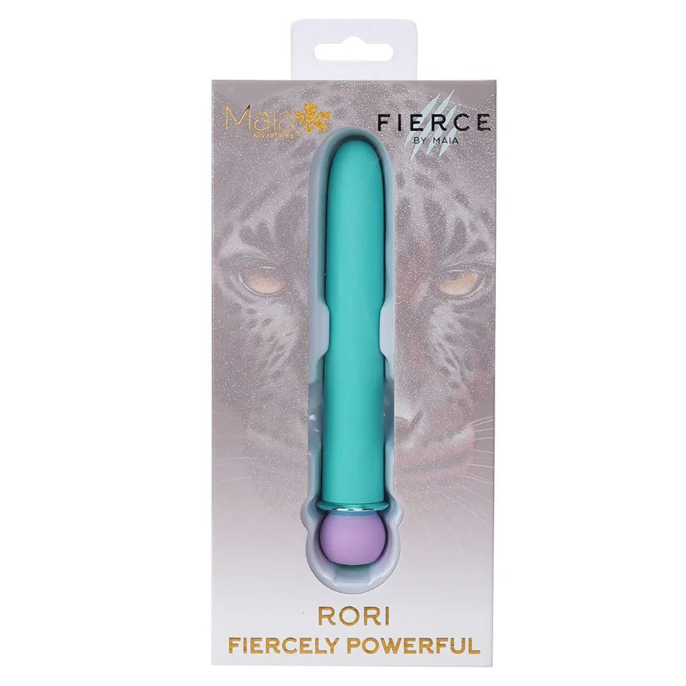 Maia Rori retail box, leopard artwork with the turquoise XL bullet pictured
