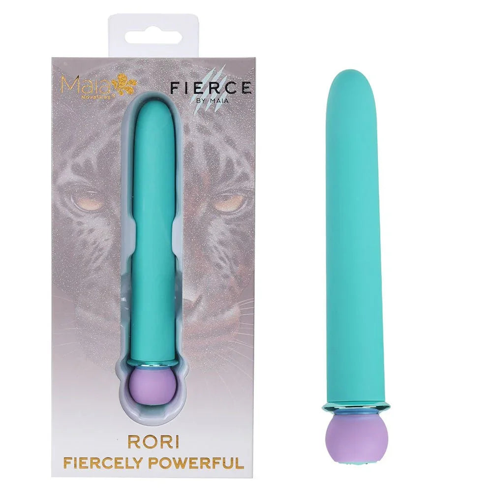 Maia Rori XL bullet in turquoise with a lilac base, beside its leopard-print Fierce box
