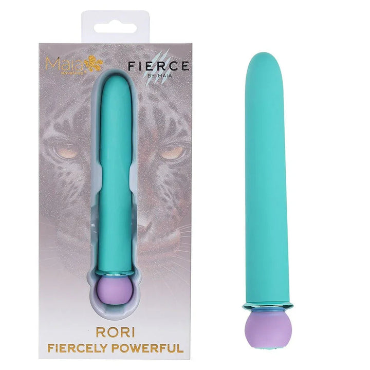 Maia Rori XL bullet in turquoise with a lilac base, beside its leopard-print Fierce box