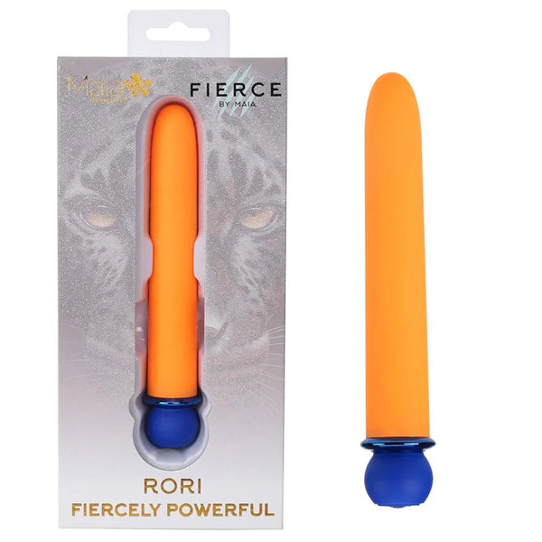 Maia Rori XL bullet in Orange with a blue base, beside its leopard-print Fierce box