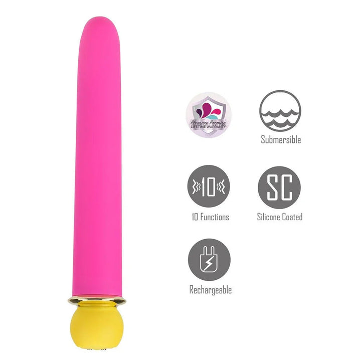 Maia Rori XL bullet in Pink with icons for 10 functions, submersible and rechargeable