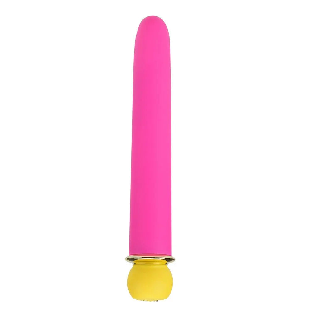 Maia Rori XL bullet in Pink, upright alone on white with its yellow base