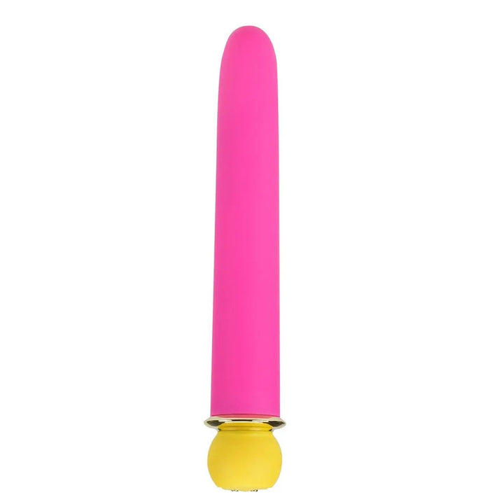 Maia Rori XL bullet in Pink, upright alone on white with its yellow base