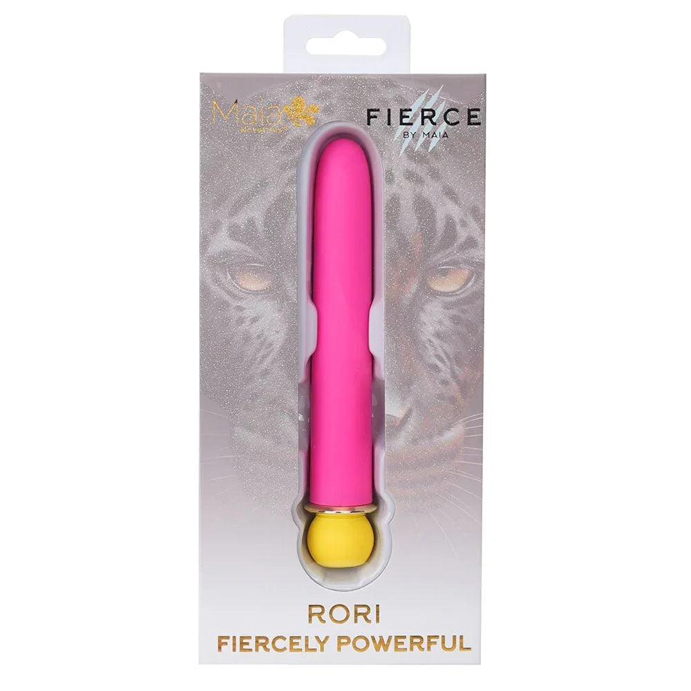 Maia Rori retail box, leopard artwork with the pink XL bullet pictured