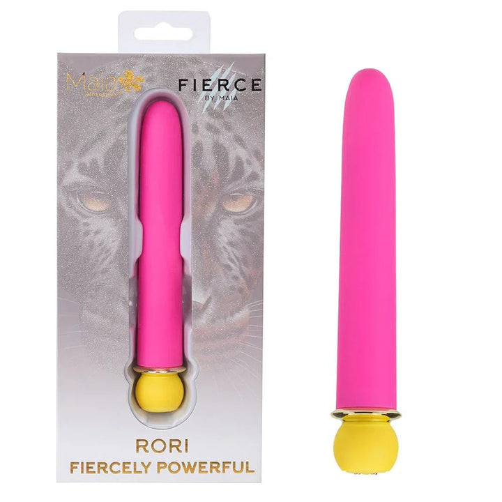 Maia Rori XL bullet in Pink with a yellow base, upright beside its leopard-print box