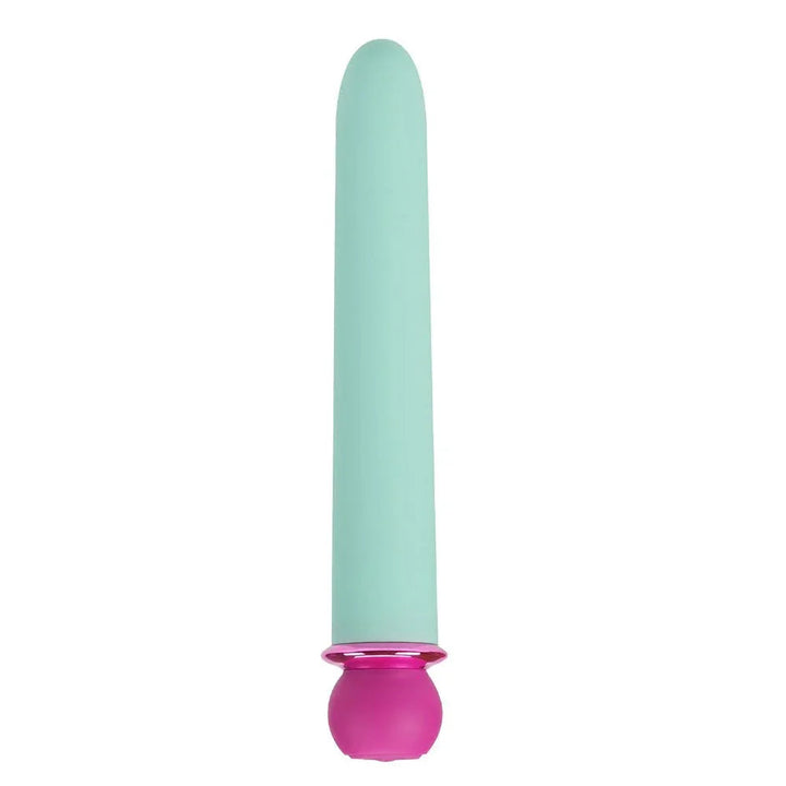 Maia Rori XL bullet in mint Teal, upright alone on white with its magenta base