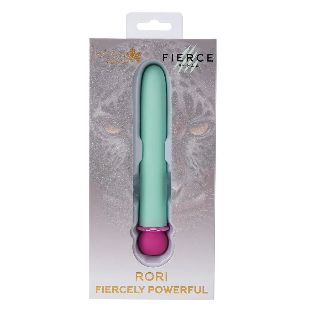 Maia Rori retail box, leopard artwork with the mint teal XL bullet pictured