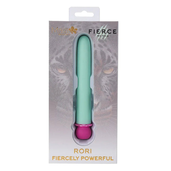 Maia Rori retail box, leopard artwork with the mint teal XL bullet pictured