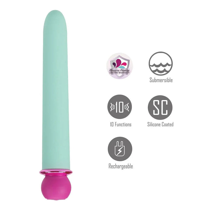 Maia Rori XL bullet in mint Teal with icons for 10 functions and submersible