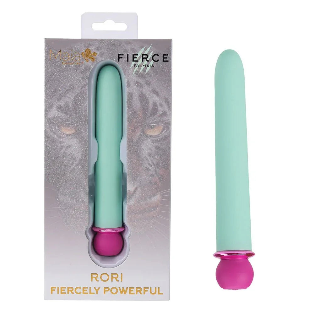 Maia Rori XL bullet in mint Teal with a magenta base, beside its Fierce retail box