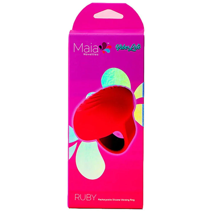 Maia Ruby retail box in pink, finger stimulator pictured on the Vibelite packaging