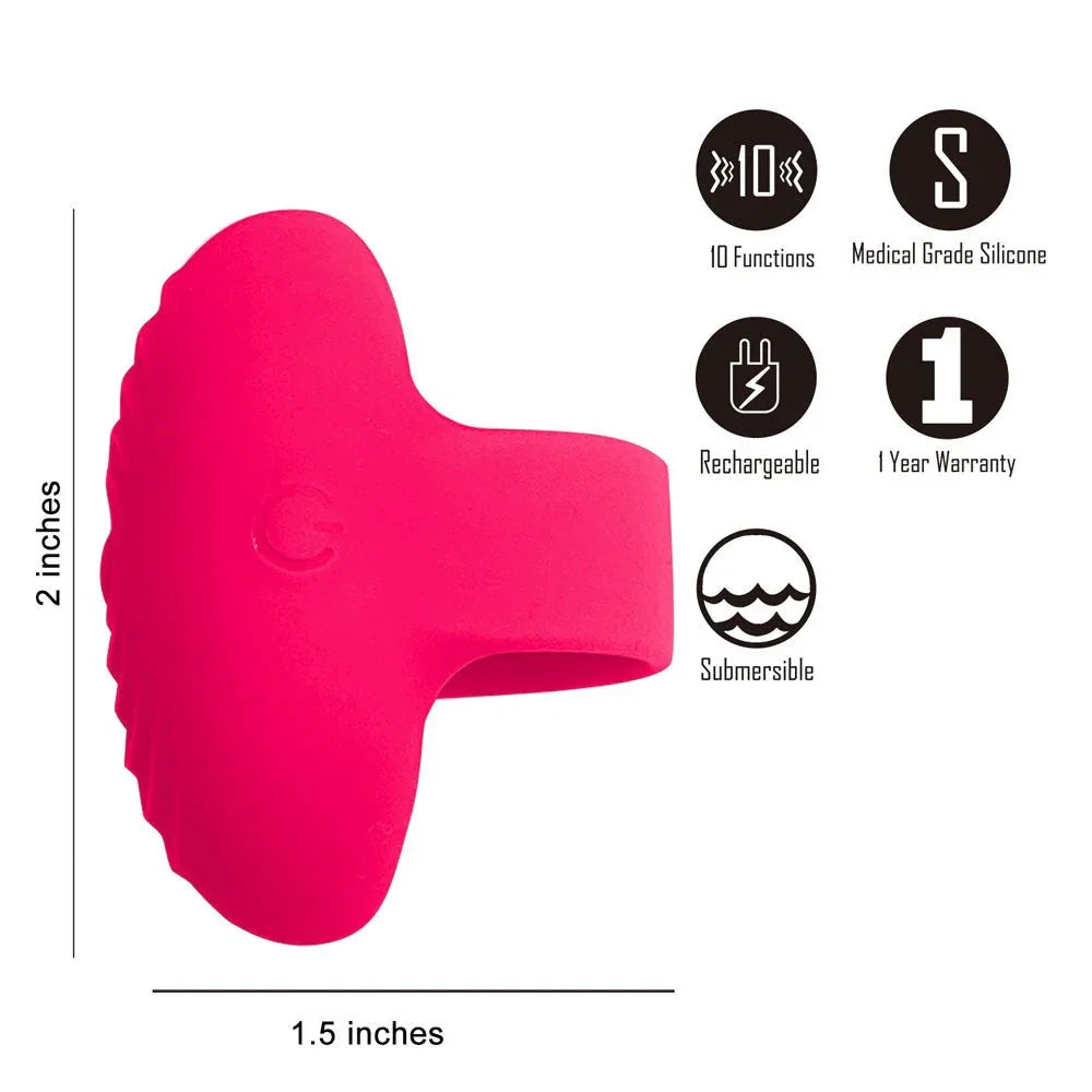 Maia Ruby finger stimulator in Pink, diagram marking 2 by 1.5 inches with feature icons