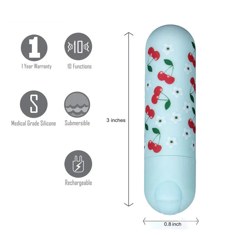 Maia Sherri bullet in Baby Blue with cherry print, 3 by 0.8 inches with feature icons