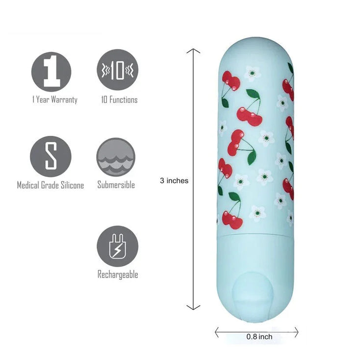 Maia Sherri bullet in Baby Blue with cherry print, 3 by 0.8 inches with feature icons