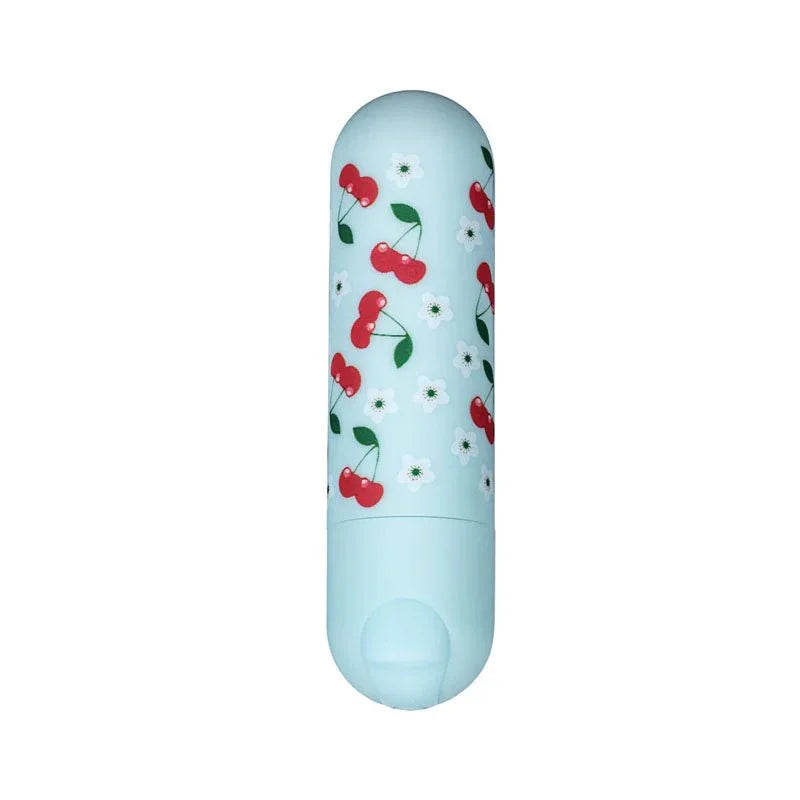 Maia Sherri bullet in Baby Blue printed with cherries and daisies, upright on white