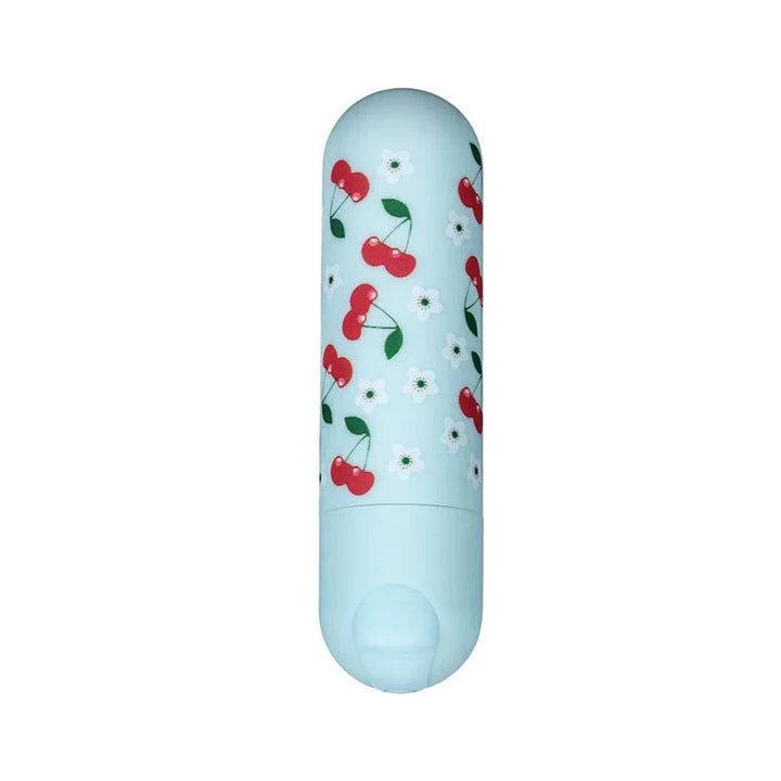 Maia Sherri bullet in Baby Blue printed with cherries and daisies, upright on white