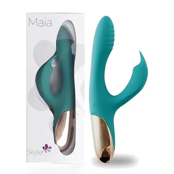 Maia Skyler bendable rabbit vibrator in Green with a gold base, beside its Maia box